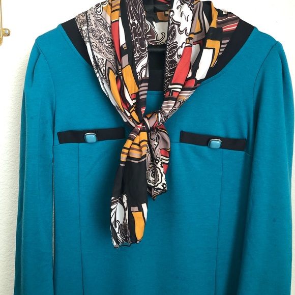 NWT Italian Rinascimento Dolce Vita Dress Petrol Blue w/ Attached Scarf Large - Picture 2 of 11